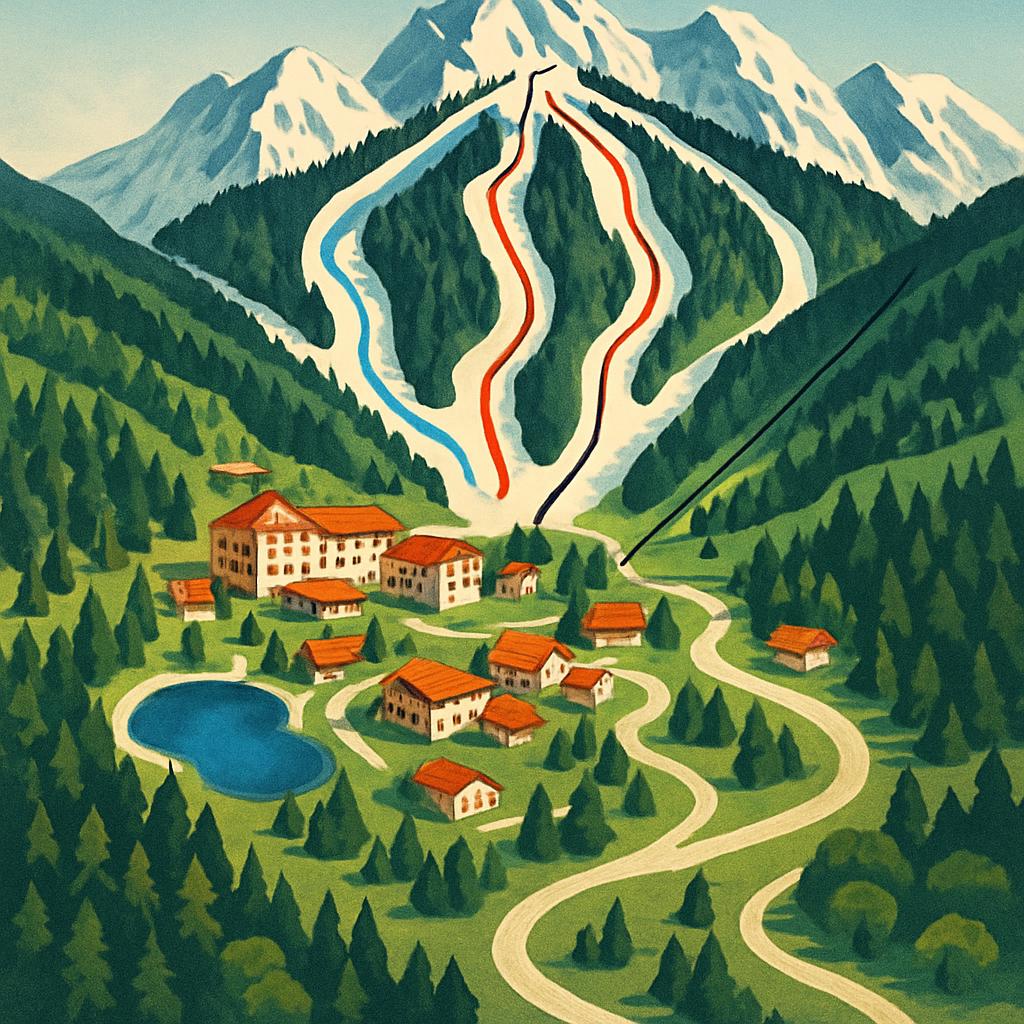 A vibrant illustration of a large village nestled at the foot of snow-capped, wooded mountains with winding ski slopes. Nu...