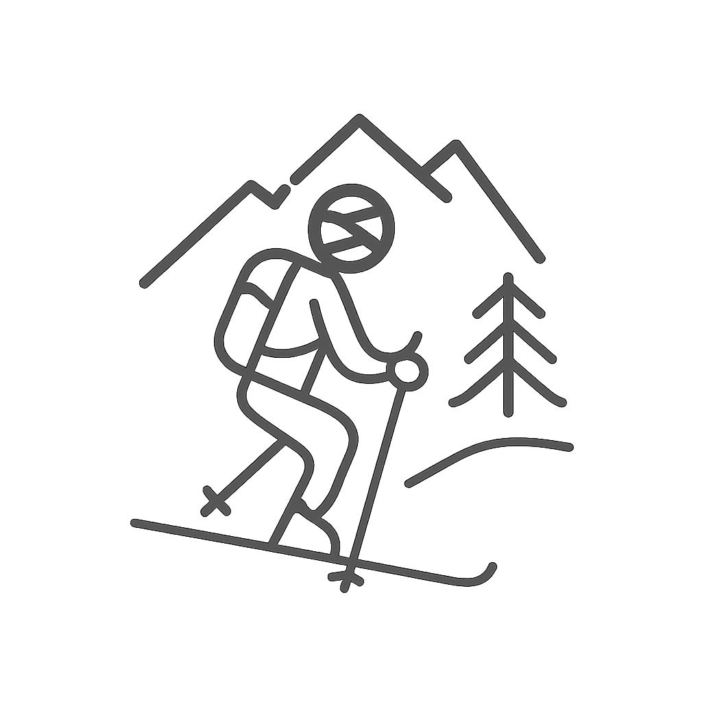 A line drawing of a person skiing down a mountain with trees.