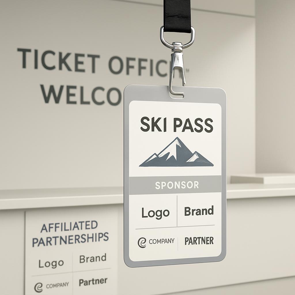 A close-up of a lanyard attached to a black and metal carabiner holding a white, rectangular ID pass with the words "SKI P...