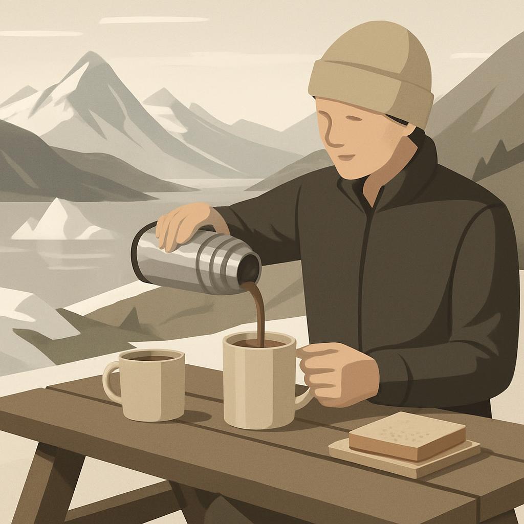 A man pours coffee from a thermos into a mug by the shore of a lake reflecting black mountains borders.