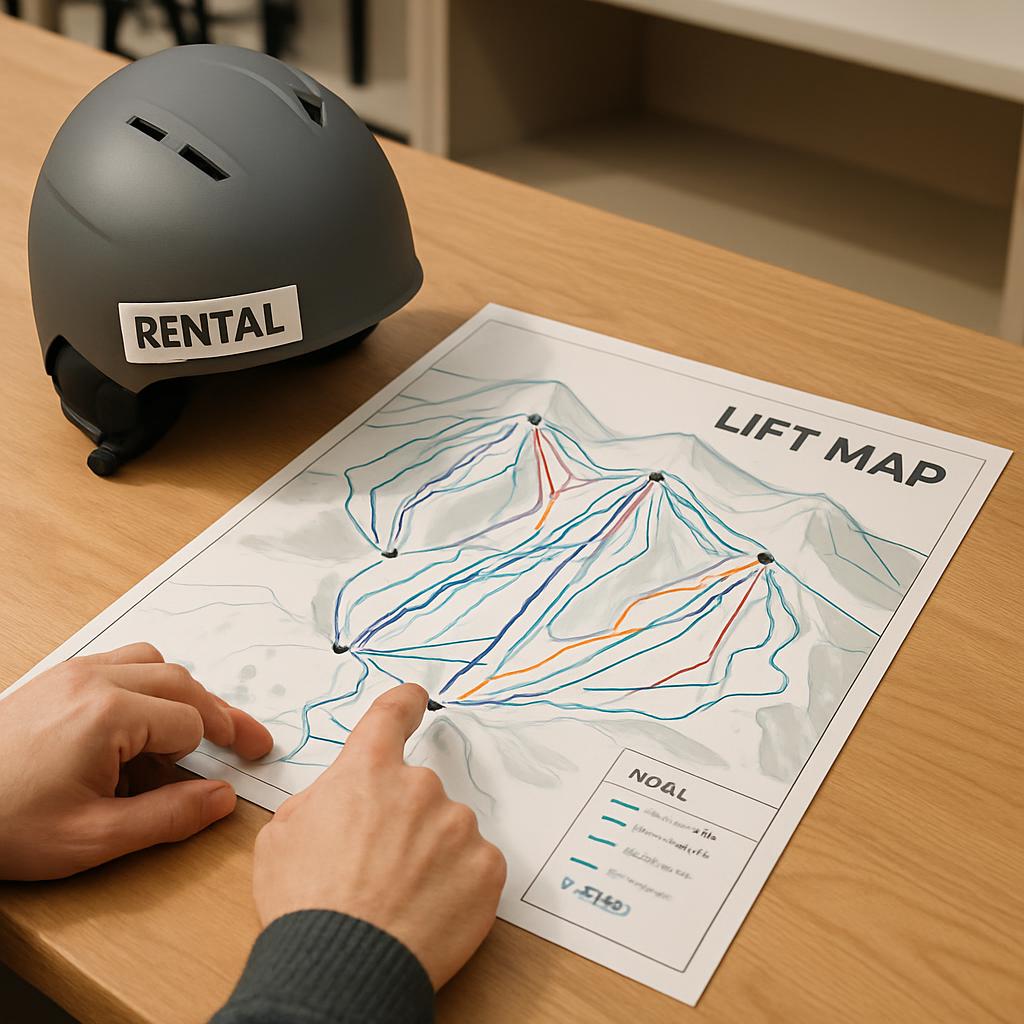 The image shows a person determining which lift line they will ride at an unspecified ski resort, being surrounded by gear...
