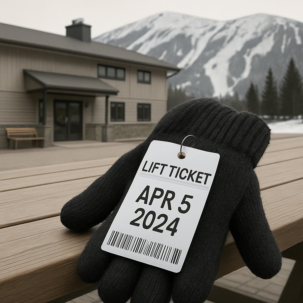 The image depicts a black glove with a "Lift Ticket" tag attached to the wrist holding a building, snow-capped mountain, a...